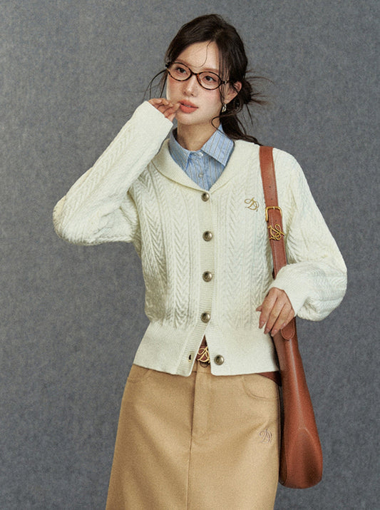 Cozy Cable Knit Cardigan: Classic V-neck Button-up Sweater With Embroidered Logo