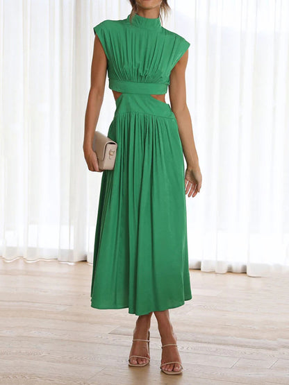 Cap Sleeve Belly-hollow Pleated Color Stand Collar Maxi Dresses
