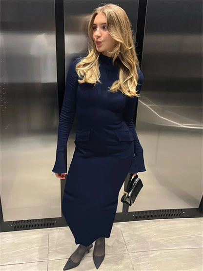 Female Maxi Dress High Waist Pocket Patchwork Skinny Commute Autumn Dress ’s Long Dress