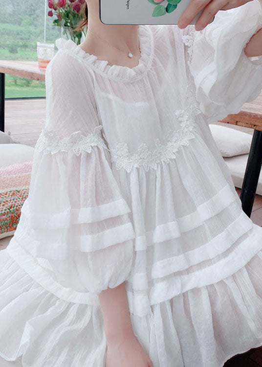 Style White Lace Ruffled Patchwork Cotton Blouses Lantern Sleeve Az1027