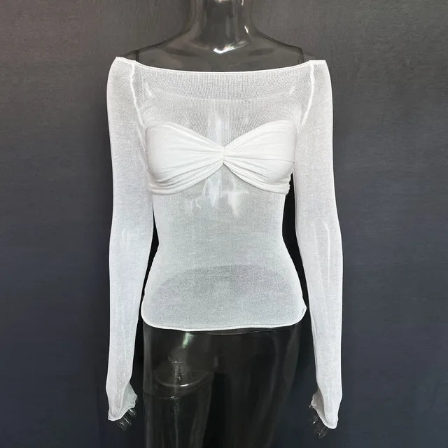 Off Shoulder Knit Sheer Tops for Summer White Lace Twist T-shirt Femme Long Sleeve Mesh Tops See-through Knitted