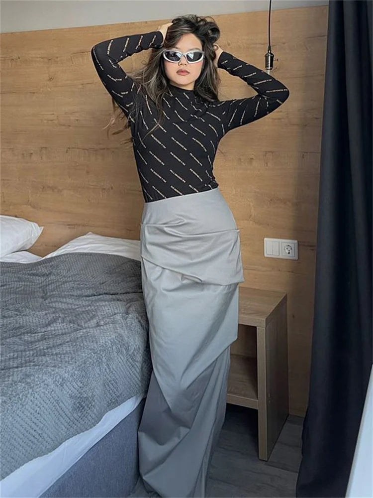 Summer for Split Y2k Pencil Skirts Bodycon High Waist Pleated Irregular Maxi Skirt