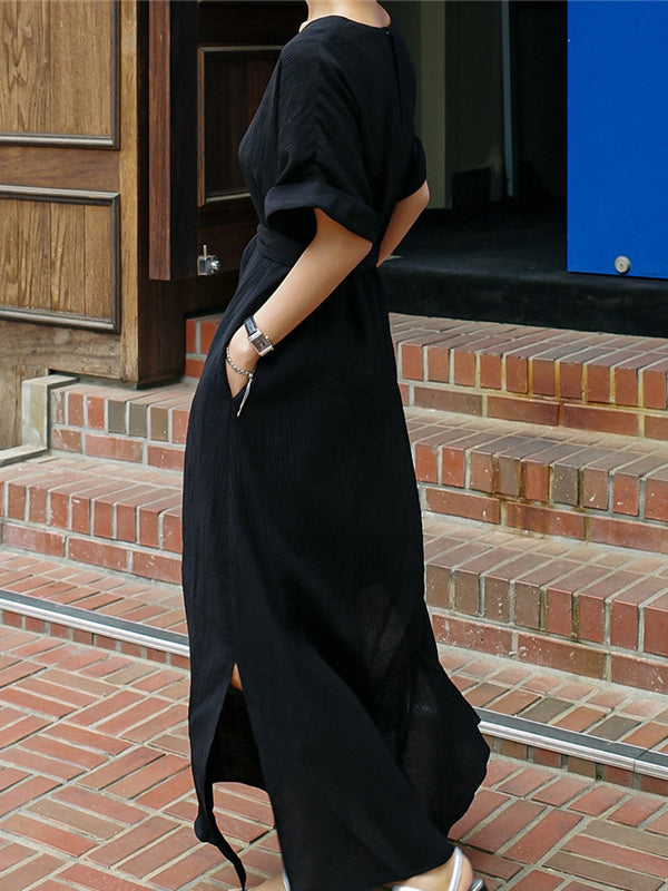 A-line Loose Hollow Color Split-side Tied Waist V-neck Midi Dresses