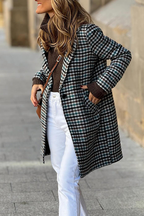 Plaid Loose One-button Autumn and Winter Lapel Coat