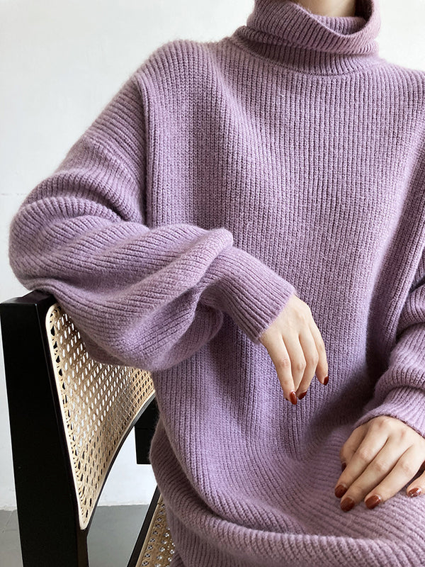 Urban Loose Purple High-neck Long Puff Sleeve Sweater Dress An1052