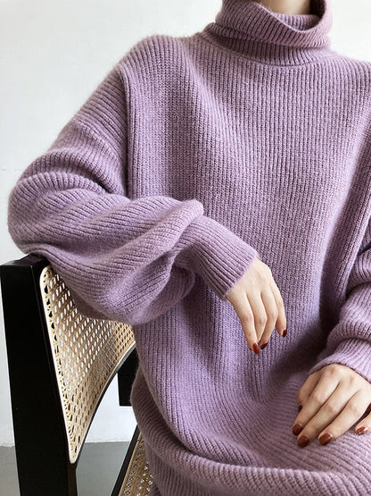 Urban Loose Purple High-neck Long Puff Sleeve Sweater Dress An1052