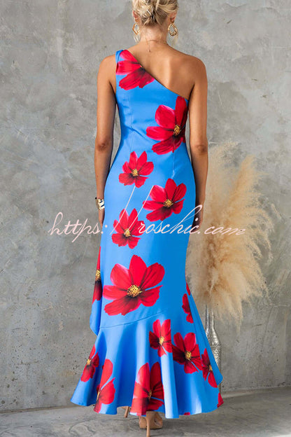 Muse Print One Shoulder Irregular Ruffles Slit Maxi Dress