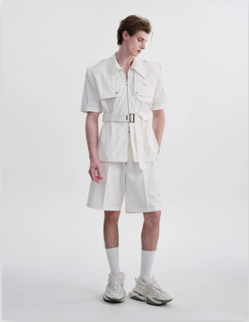 B&w Structured Belted Shirt & Shorts Set