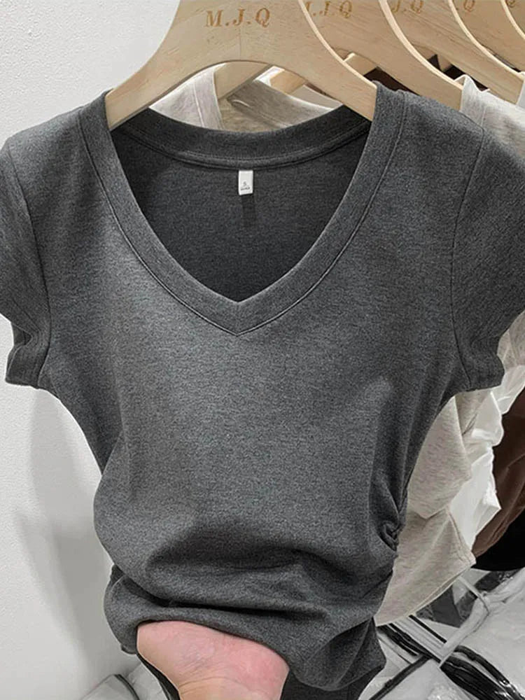 New Summer Top T Shirt Elasticity T-shirt Korean Style Woman Clothes Slim Tshirt Female Skinny Short Sleeve Tops Tee