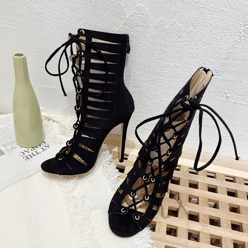Liyke Summer Hollow Out Cross Tied Ankle Boots Sandals Gladiator Peep Toe Zip Thin High Heels Shoes Black