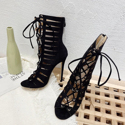 Liyke Summer Hollow Out Cross Tied Ankle Boots Sandals Gladiator Peep Toe Zip Thin High Heels Shoes Black