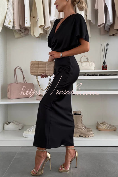 Satin Color V-neck Cross Knot Slim Maxi Dress