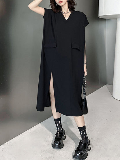 Loose Short Sleeves Asymmetric Color Split-joint Split-side V-neck Midi Dresses
