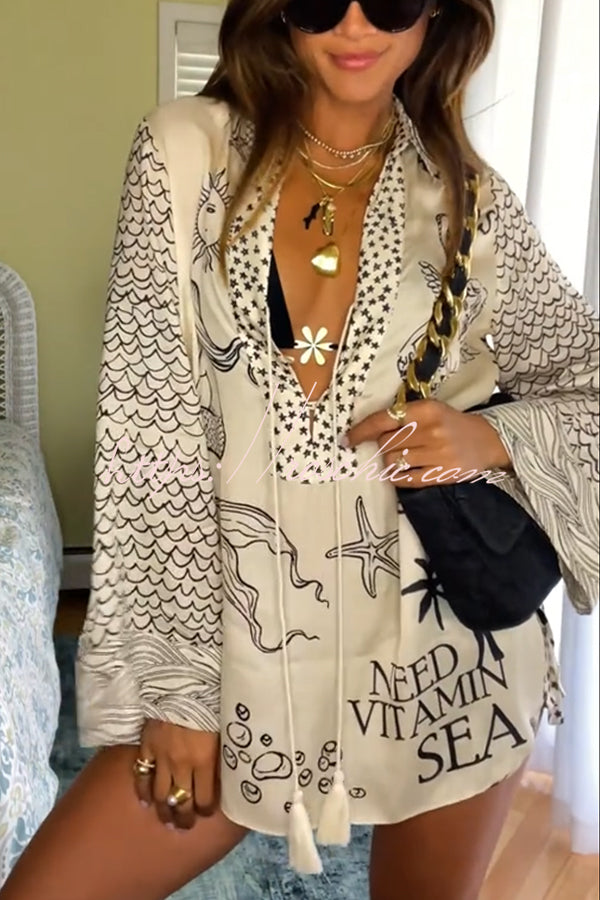 Live by Water Satin Unique Letter Print Tassle Shirt and Elastic Waist Shorts Set