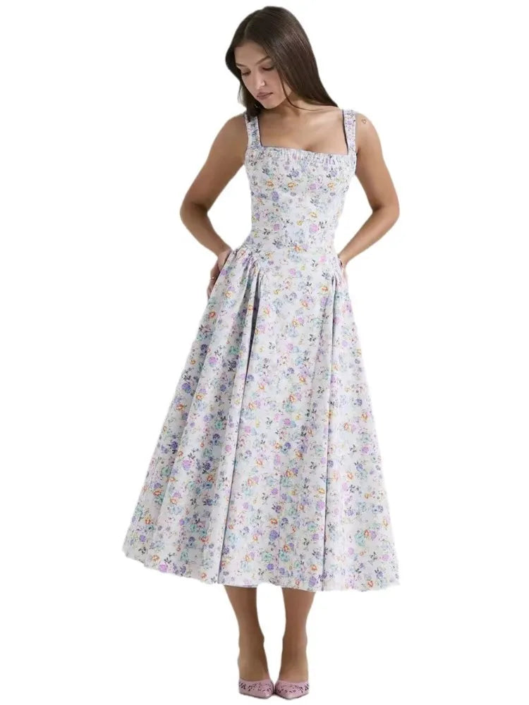 Flower Print Spaghetti Strap Dresses Backless Low Cut Folds Vacation Style Slim Midi Dress Female Vestidos