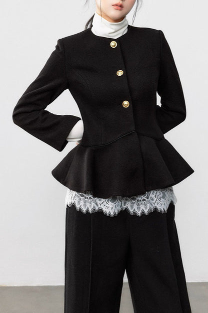 Black Pleated Waist Wool Coat