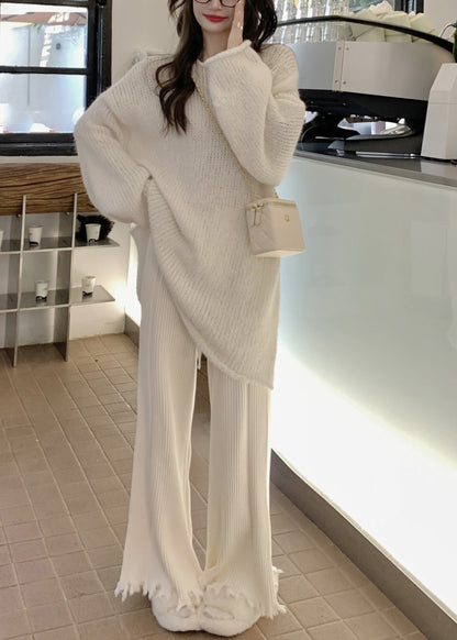 Beige O-neck Thick Cotton Knit Waistcoat Sweaters and Trousers Three Piece Set Winter Wv003