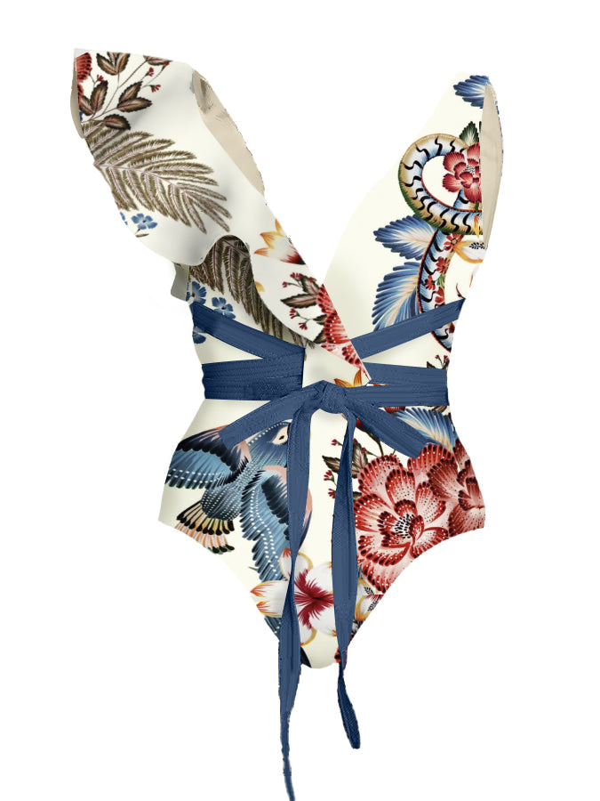 V Neck Ruffle Print Swimsuit and Skirt