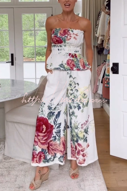 In to the Summer Linen Blend Print Elastic Bandeau and Elastic Waist Pocket Loose Pants Set