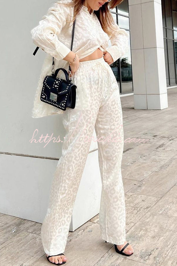 Leopard Print Jacquard Long Sleeved Shirt With Elastic Waist and Pant Two Piece Set