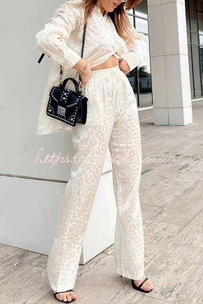 Leopard Print Jacquard Long Sleeved Shirt With Elastic Waist and Pant Two Piece Set
