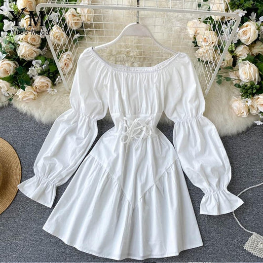Simple White Off Shoulder Lace-up Waist Puff Sleeve Mini Dress