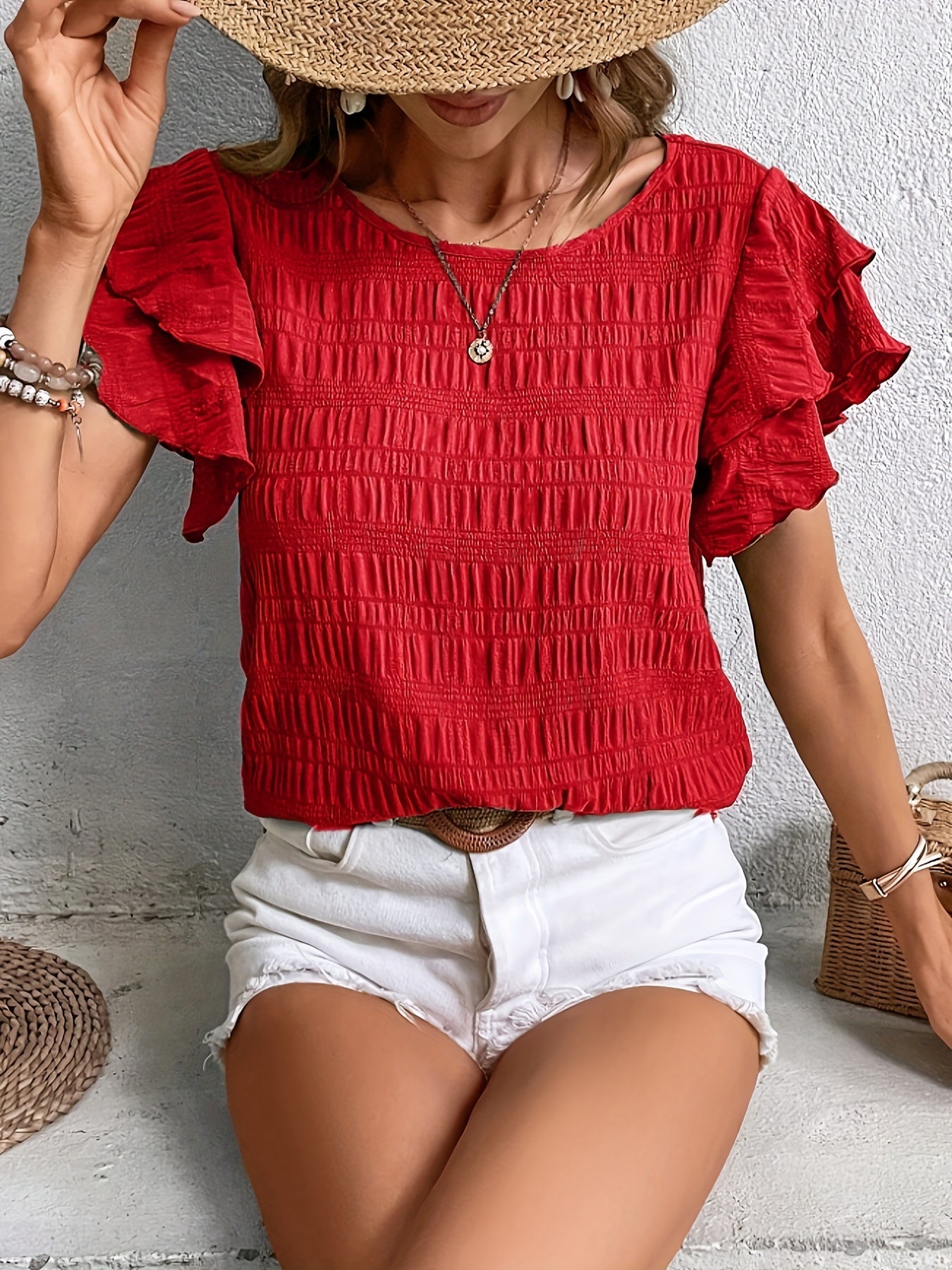 All-season Crew Neck Blouse With Timeless Ruffle