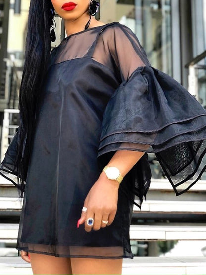 Long Sleeves Loose Falbala See-through Color Split-joint Round-neck Mini Dresses