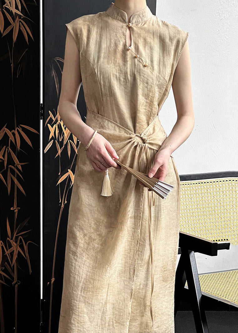 Khaki Drawstring Silk Cotton Long Dresses Stand Collar Sleeveless Af1031