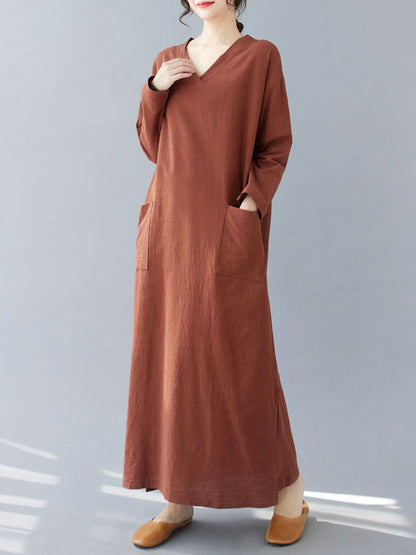 A-line Long Sleeves Pockets Color Split-side V-neck Maxi Dresses