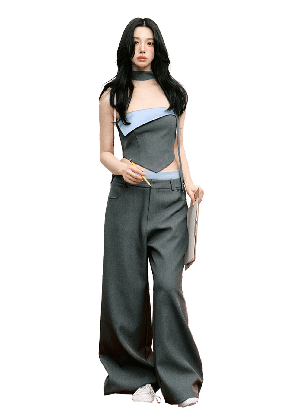 Contrast Color Cuffed Bandeau Top & Wide-leg With Waistband Pants Set