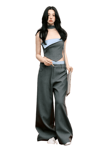Contrast Color Cuffed Bandeau Top & Wide-leg With Waistband Pants Set