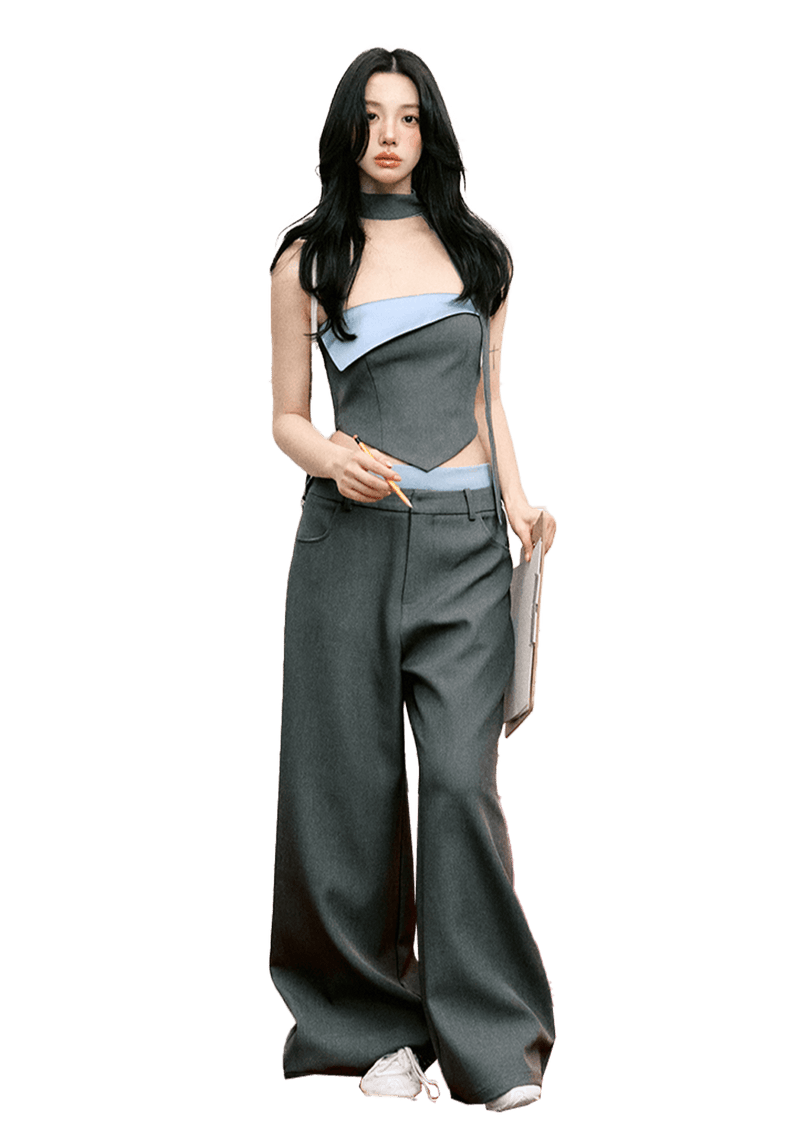 Contrast Color Cuffed Bandeau Top & Wide-leg With Waistband Pants Set