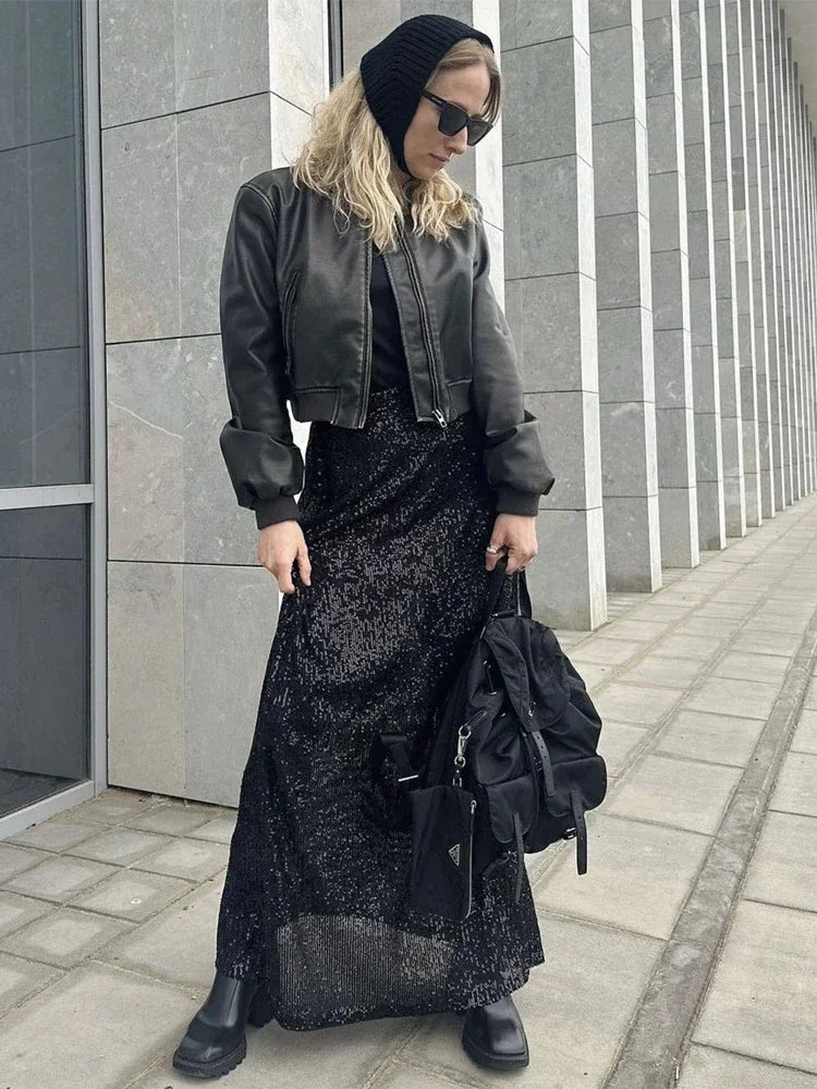 Female Sequin Long Skirt High Waist Patchwork Glitter Party Gown Maxi Skirt Slim for Long Skirt