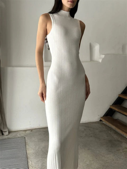 Sleeveless Knitwear Turtleneck Long Dress Female Slim Autumn Ribbed Knit Dress for Maxi Dress