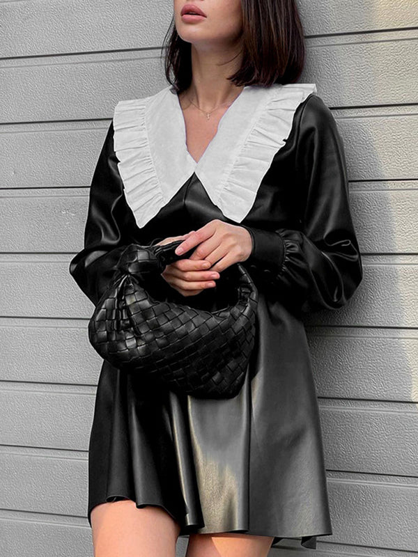 Loose Puff Sleeves Elasticity Pleated Split-joint Peter Pan Collar Mini Dresses