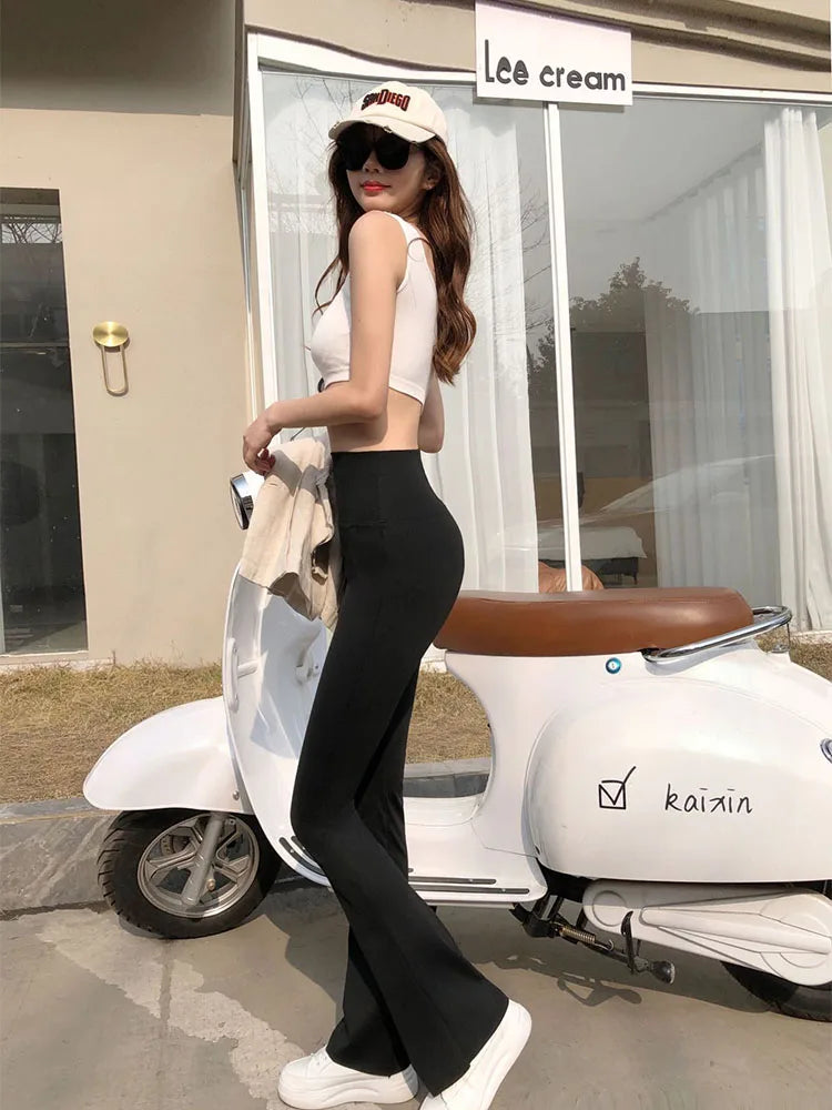 Shark Flared Pants Black Elastic Slim High Waist Horseshoe Pants Micro Flare Trousers