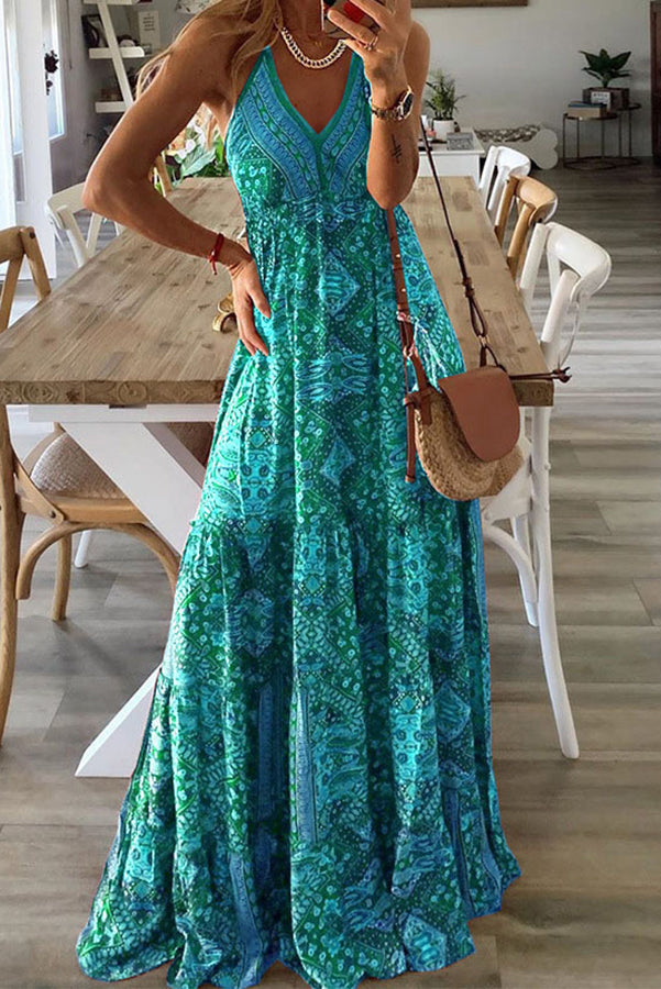 Celeste Printed Strap Elastic Waist Maxi Dresses