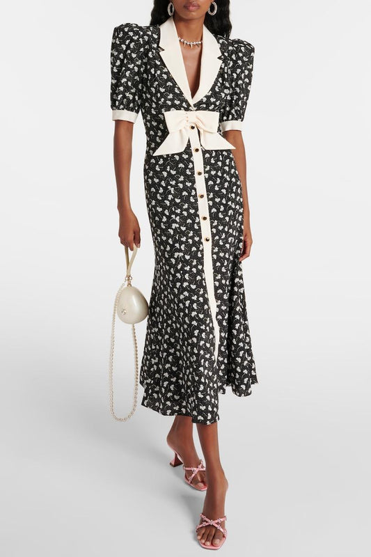 Rita Bow Trimmed Puff Sleeve V-neckline Midi Dress