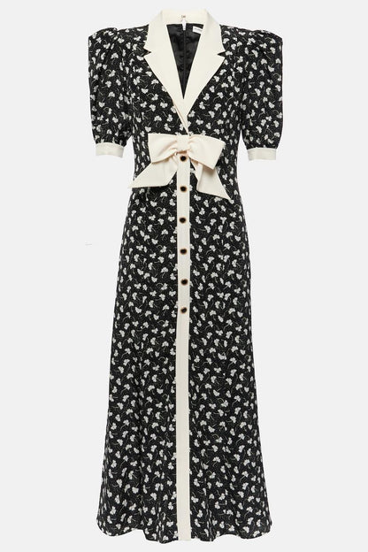 Rita Bow Trimmed Puff Sleeve V-neckline Midi Dress