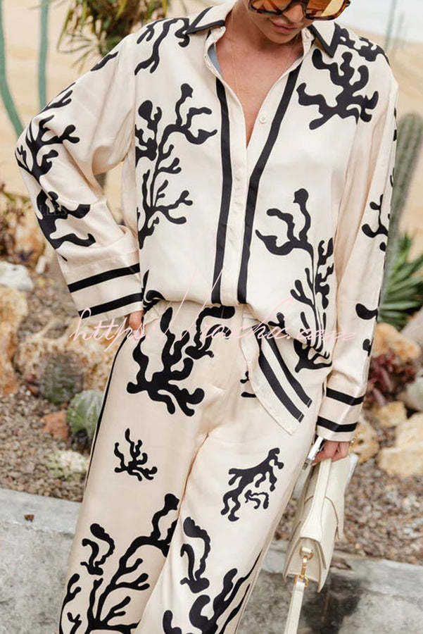 From Desk to Dinner Satin Unique Print Button Down Oversized Blouse