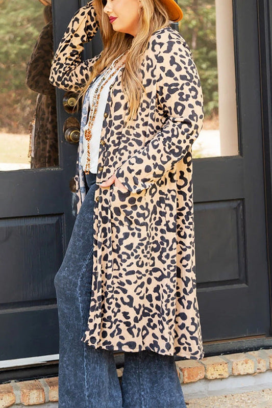 Leopard Open Front Pocketed Long Cardigan