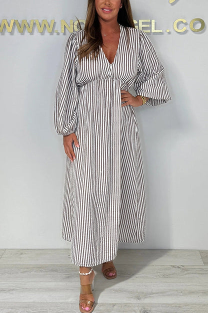 Striped Print V-neck Long Sleeve Loose Maxi Dress