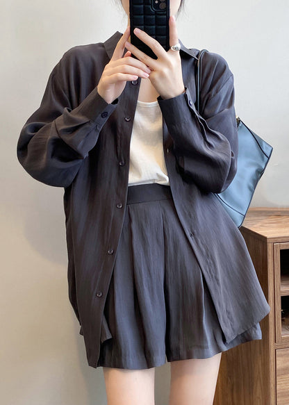 Spring Button Gray Peter Dark Silk Pan Collar Two-piece Set