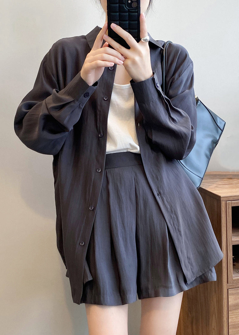 Spring Button Gray Peter Dark Silk Pan Collar Two-piece Set