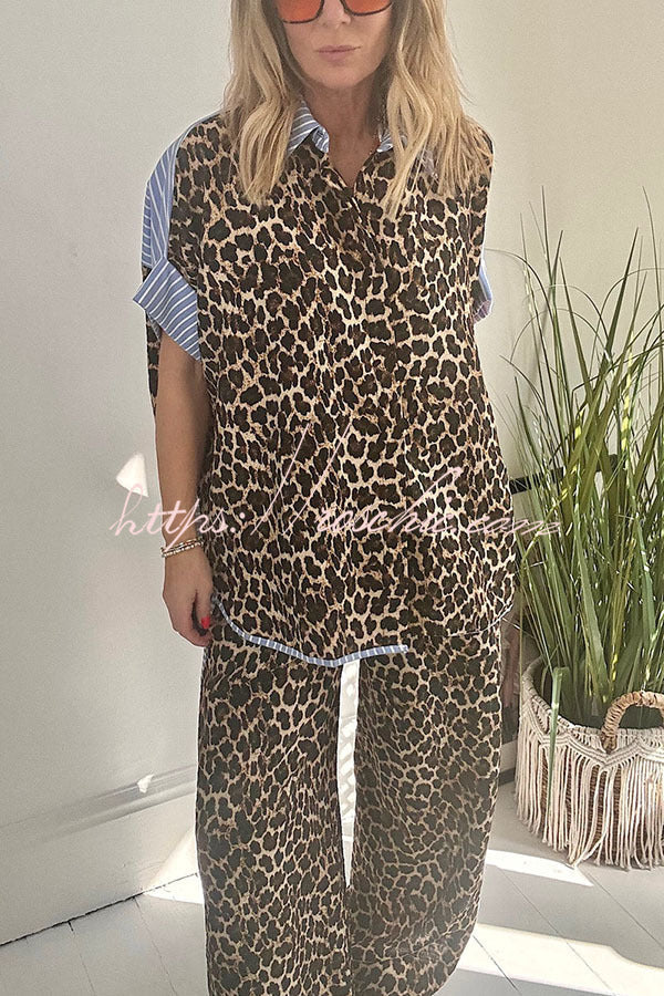 Comfortable Leopard Stripes Colorblock Print Oversized Shirt and Elastic Waist Pocket Loose Pants Set