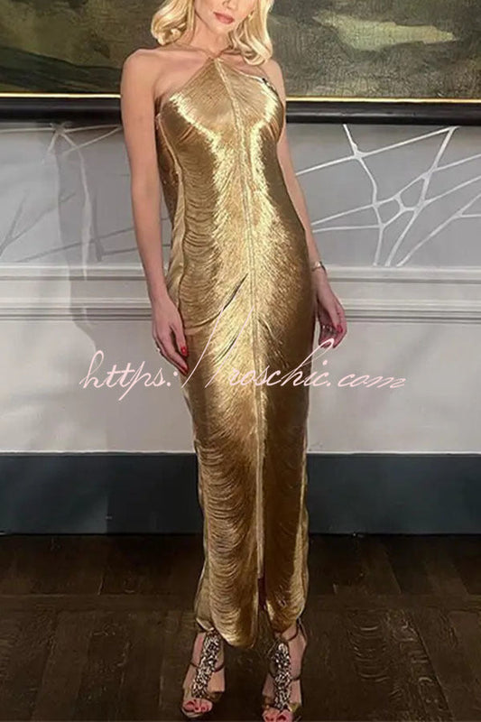 Allnight Metallic Halterneck Backless Fringed Slit Maxi Dress