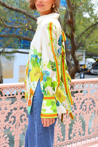 Satin Print Back Tie-up Button Down Oversized Blouse
