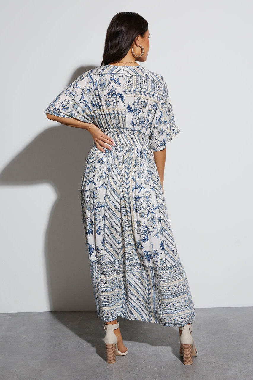 Print V-neck Short Sleeve Maxi Dress