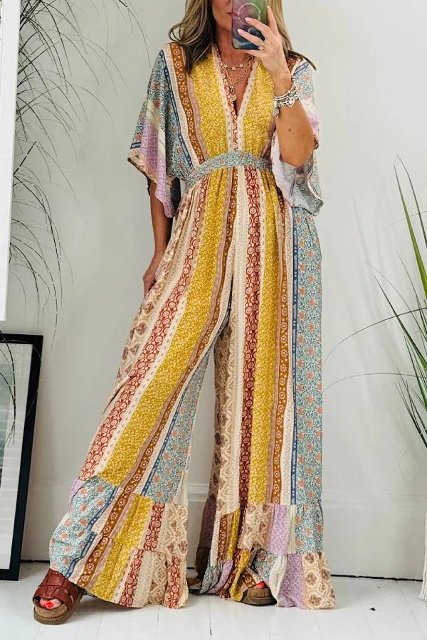 Last Queen Retro Flare Sleeve Pocketed Loose Wide Leg Jumpsuit